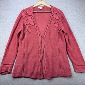 Coldwater Creek Cardigan Sweater Womens XL Red Floral Applique Wool Blend Knit